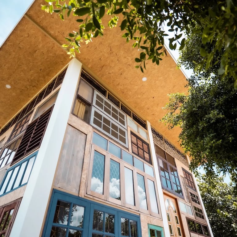 The close up view of the building architecture of Baan Mahasamut Pranburi